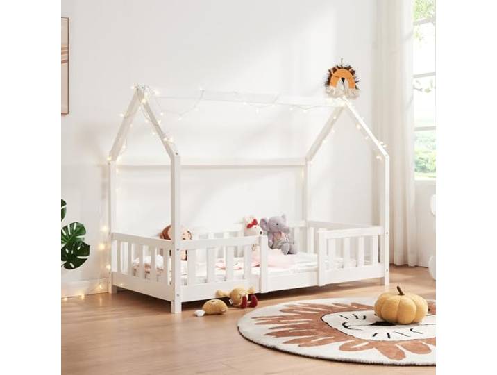[en.casa] Kinderbett Sisimiut 80x160 cm Weiß Hausbett, Montessori Bett, mit Rausfallschutz, Holzbett für Kinder, Bodenbett, Bettgestell mit Lattenrost, Kiefernholz
