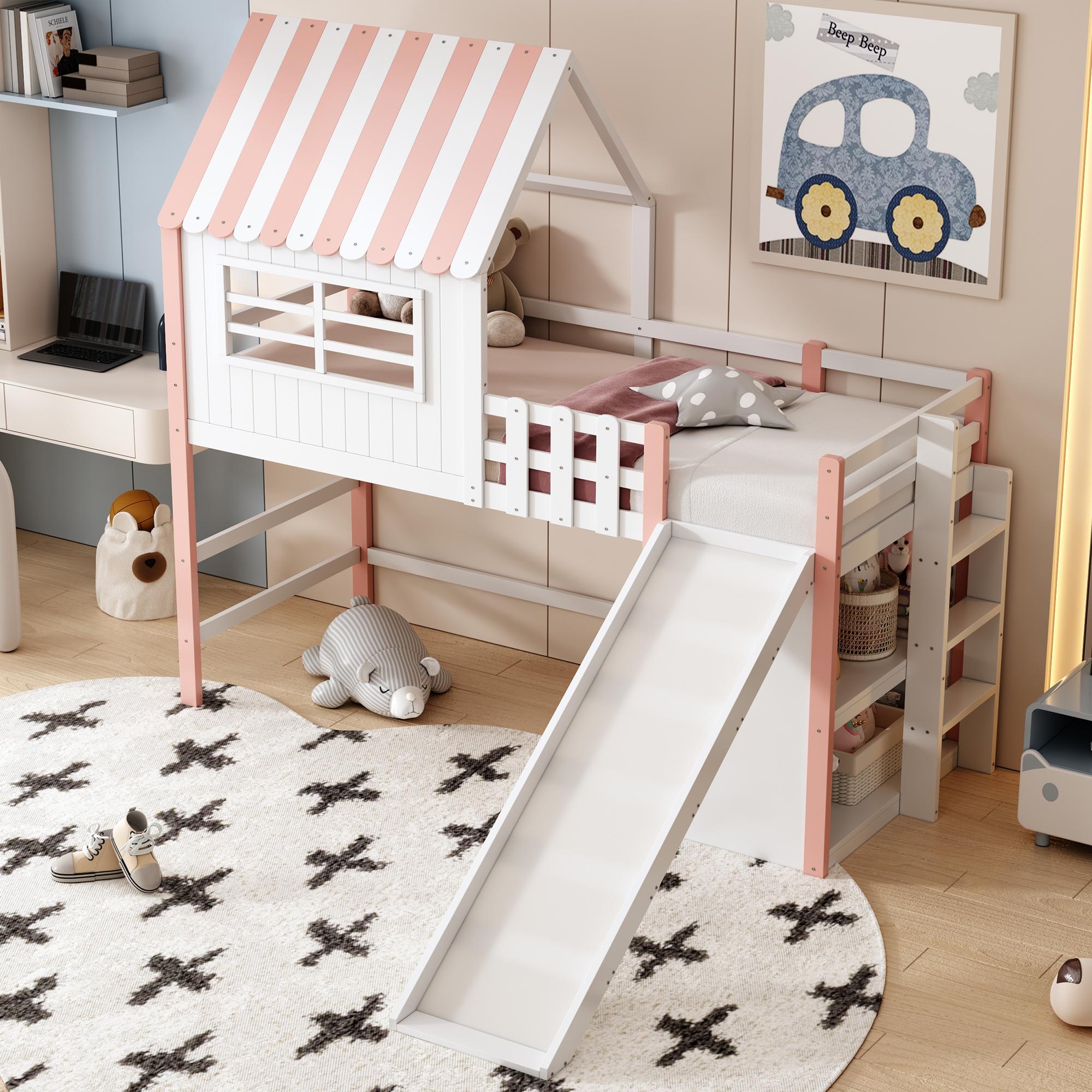 STILVORA Hochbett 90x200 mit Sicherheitsrutsche,Kinderbett mit Ablagefächer&Dachboden-Design,Bettgestell mit Sicherheitsleiter,ohne Matratze,Rosa