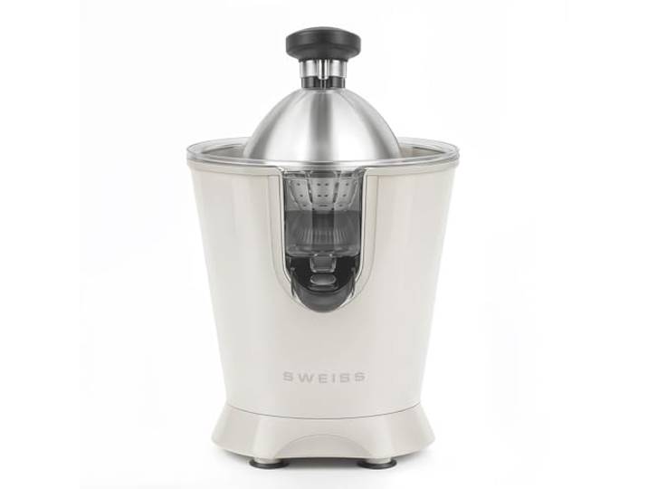 SWEISS ZEST8 Elektrische Zitruspresse, professionell, tropffreier Ausgießer, spülmaschinenfest, leises Gerät, leistungsstarker Gelenkarm, 160 W, Beige