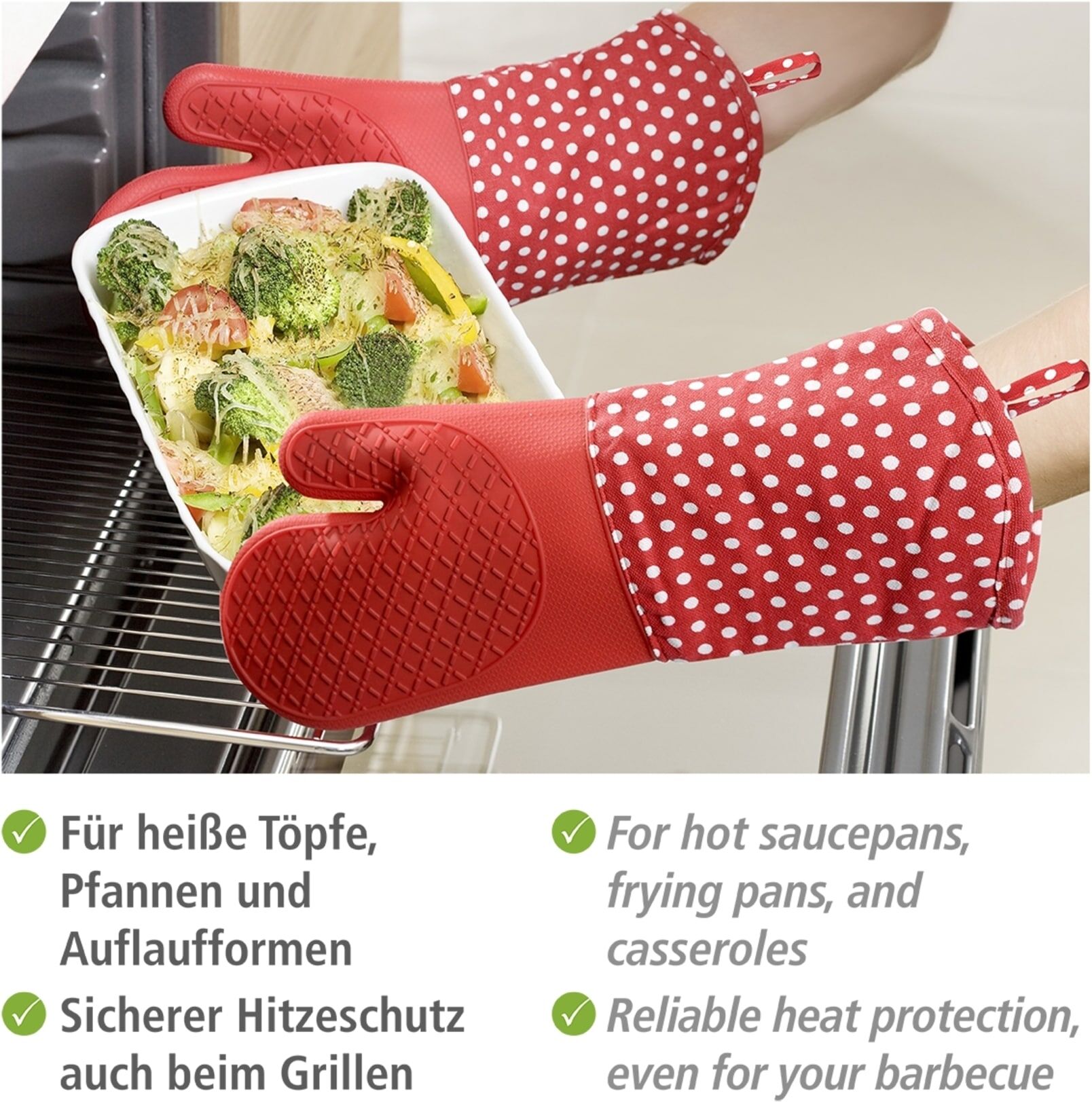 Topfhandschuhe WENKO "Modell Silikon", rot, Baumwolle, Silikon, Topflappen, Topfhandschuhe, Ofen- und Grillhandschuhe, Hitzeschutz, Baumwollinnenseite, 1 Paar