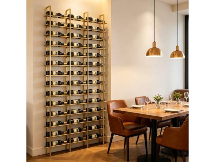 KEPMOGOH Wandmontiertes Weinregal, Weinregal für Bars, Weinflaschenhalter aus Metall, Weinpräsentation für Hausbar, Weinkeller, Küche (Gold, 48 Bottles)