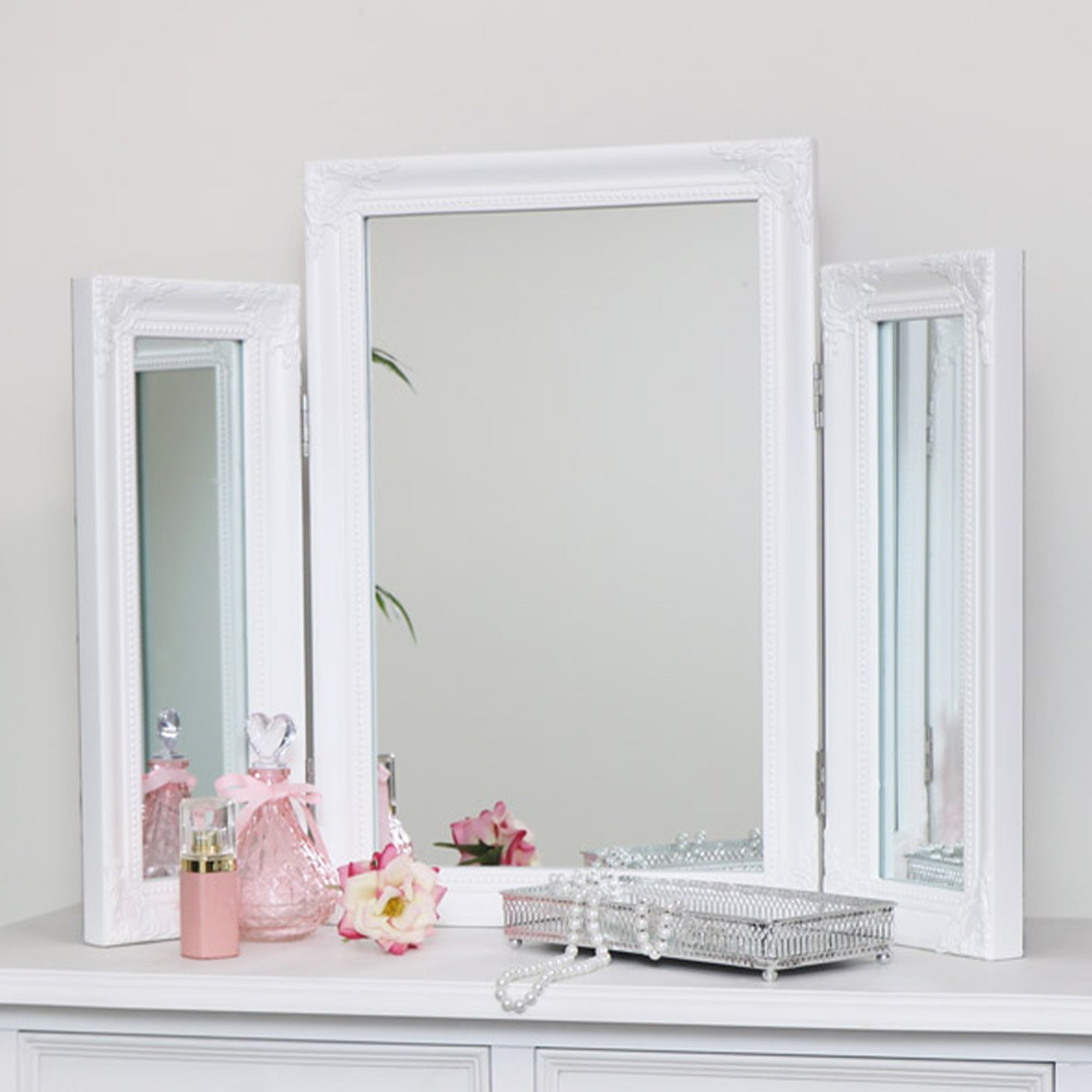 Ornate White Vintage Triple Dressing Table Mirror - 55cm x 74cm Wood, Resin, Glass