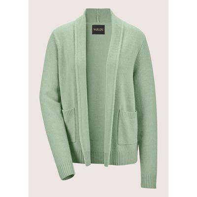 Strickjacke MADELEINE "Strickjacke Verkürzte Schurwolljacke mit Stehkragen", Damen, Gr. 34, grün (eisgrün), Obermaterial: 100% Schurwolle WV., Modern, normal, Strickjacken Strickjacke, verschlusslose Form