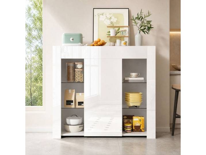QAVRYL Buffet haut blanc 95 x 35 x 83 5 cm façade partiellement brillante étagères en verre
