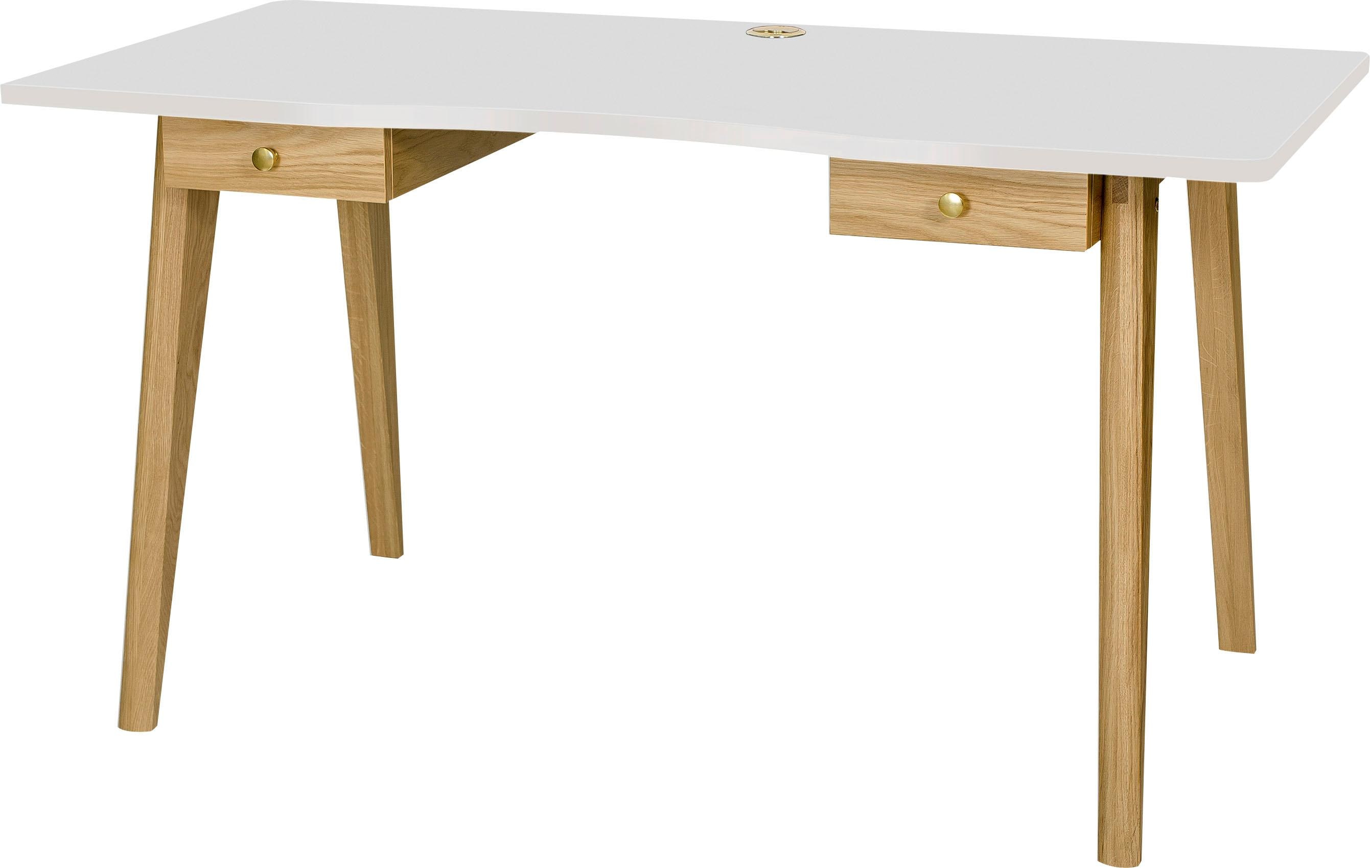 Schreibtisch WOODMAN "Nice", weiss (weiß, eichefarben, weiß), B:140cm H:75cm T:70cm, Tische, Schreibtisch, im skandinavian Design, Tischbeine aus massiver Eiche, FSC weiß, eichefarben, weiß B/H/T: 140cm x 75cm x 70cm