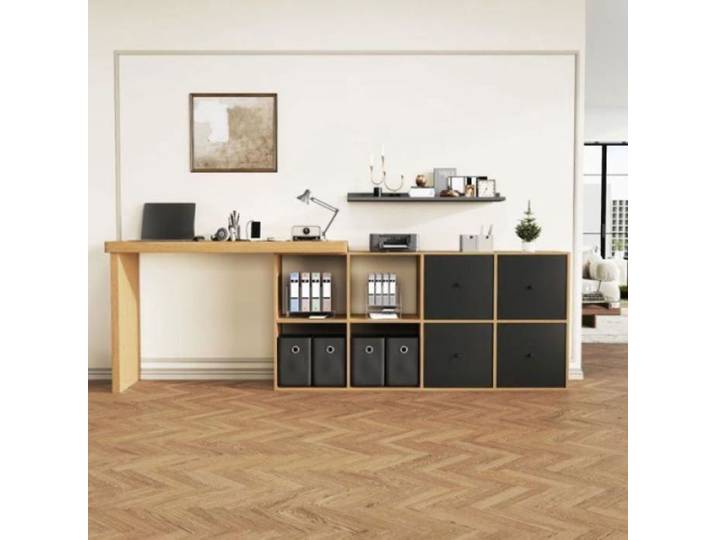 Bureau Pliable table d'angle mobile 260x48x78cm plateau rotatif 360° 4 compartiments de stockage et 4 tiroirs