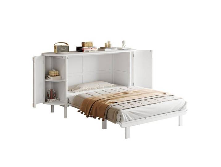 Lit escamotable Logidon 140x200 cm avec sommier à lattes rangements blanc