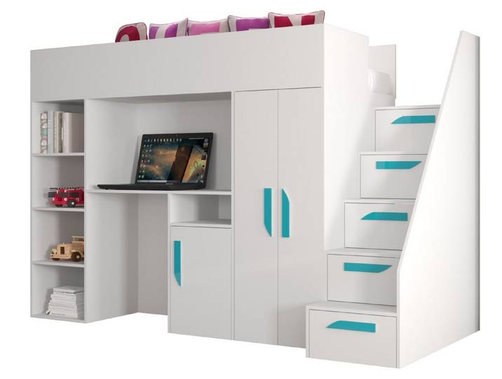 ABIKS MÖBEL Hochbett PARTY 14 Etagenbett für Jugendliche mit Schreibtisch, Kleiderschrank