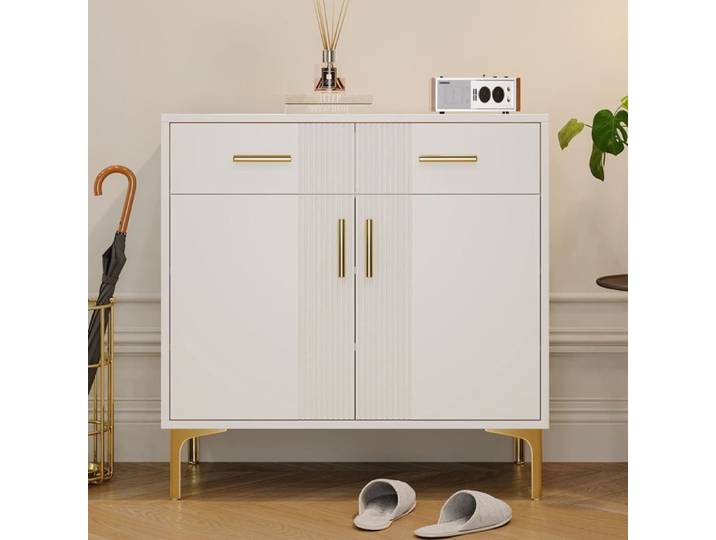 Buffet Moderne 80x35x79 5 cm Meuble de Rangement avec 2 Portes 2 Tiroirs Poignées et Pieds en Métal - Salon Salle à Manger - Blanc