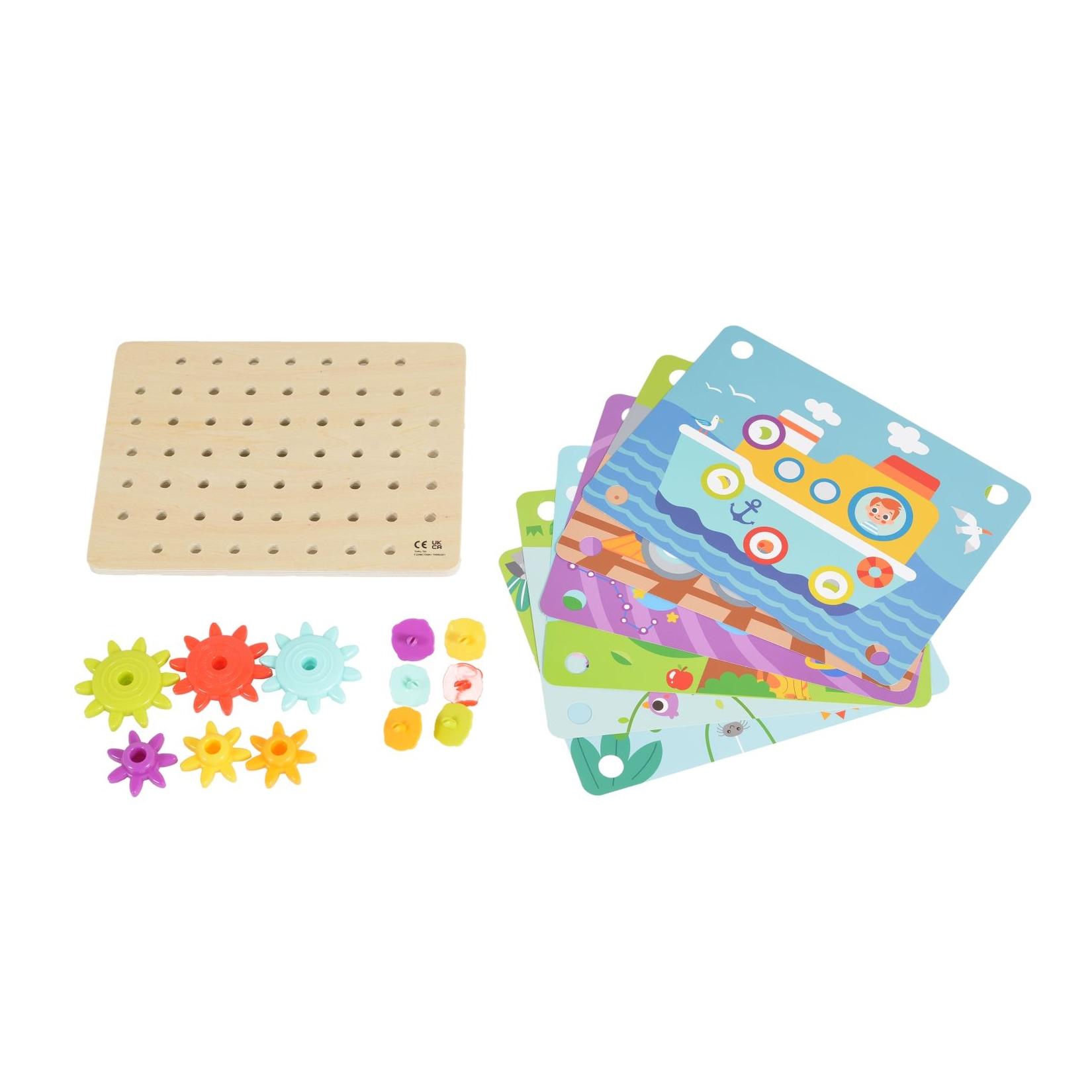 Tooky Toy Holzspielzeug TK352 Zahnräderspiel 19 teilig, Steckspiel, Motorikspiel bunt