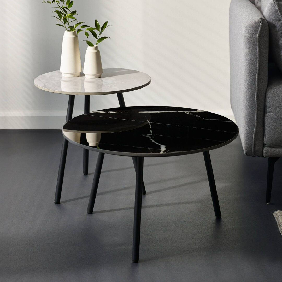 Metro Casper Three Leg Circular Side Table Set Black/White 45cm H X 60cm W X 60cm D