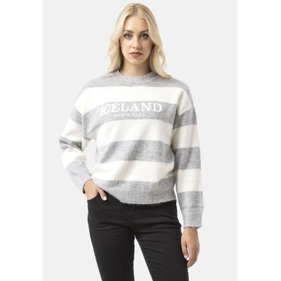 Strickpullover CIPO & BAXX "WP263", Damen, Gr. XL, grau (grau, ecru), 50% Baumwolle, 50% Polyacryl, gestreift, regular fit, Rundhals, Rippbündchen, Pullover Strickpullover, Streifenmuster mit Frontprint