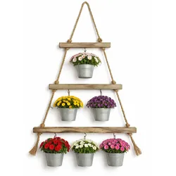 Mojawo Holz Leiter Deko Blumenampel Holz Wanddekoration + Haken B38xT2xH68cm
