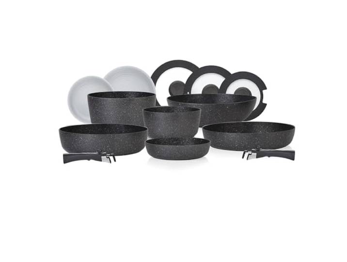 Tower T900160 Freedom Kochgeschirr-Set mit abnehmbaren Griffen, 13-teilig, mit präziser schwarzer Diamantbeschichtung, Induktionskompatibel, stapelbares Design, Schwarz