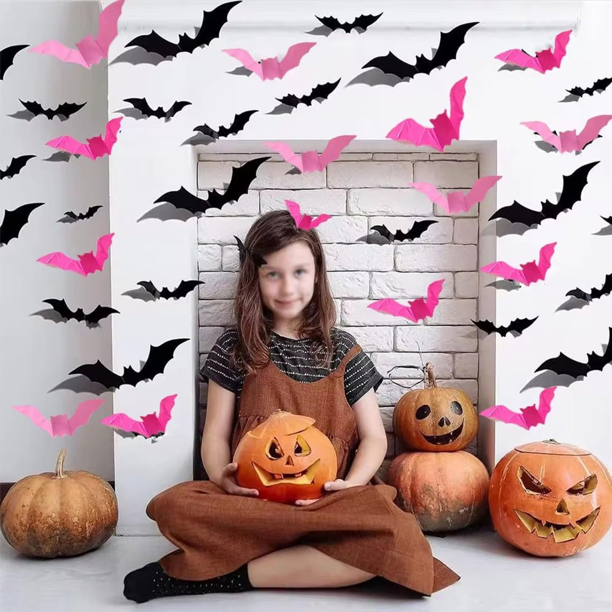 24-delige set 3D-vleermuis muurstickers voor Halloween-decoratie in roze en zwart