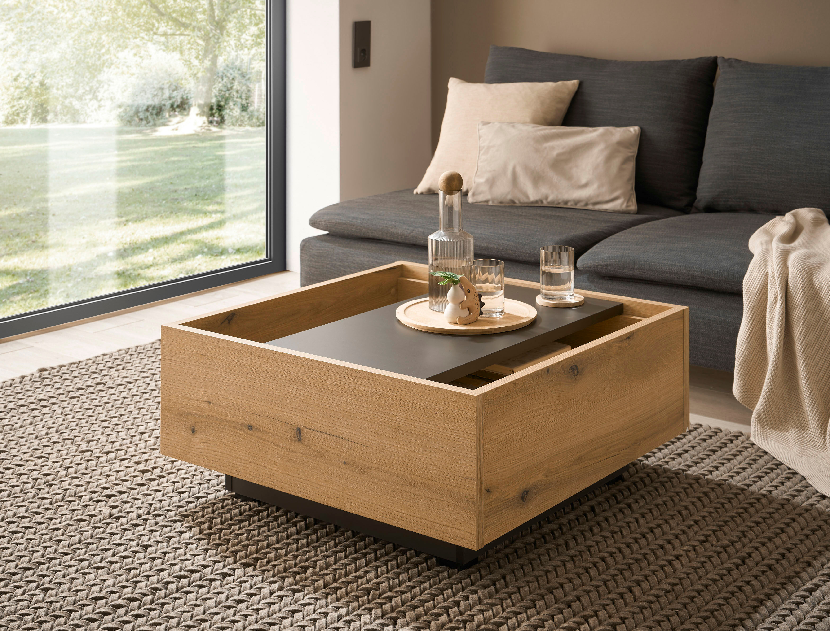 Couchtisch HOME AFFAIRE "Soleto, Beistelltisch, Wohnzimmertisch, Sofatisch, Tisch", braun (eiche evoke), B:76cm H:35cm T:75cm, Tische, Couchtisch, vielseitig einsetzbar, ausreichend Stauraum, variable Tischplatte eiche evoke B/H/T: 76cm x 35cm x 75cm