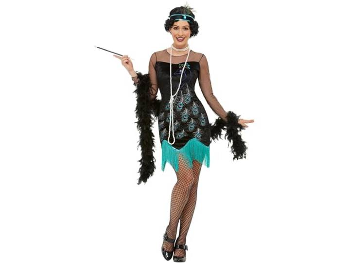 20s Peacock Flapper Costume, Green & Blue, with Dress & Headband (M)