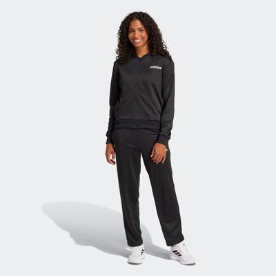 Trainingsanzug ADIDAS SPORTSWEAR "ESSENTIALS LINEAR", Damen, Gr. XL, schwarz, Obermaterial: 100% Polyester, Sportanzüge Trainingsanzug, zweiteiliges Set, für Laufen, aus Polyester, mit Rippbündchen