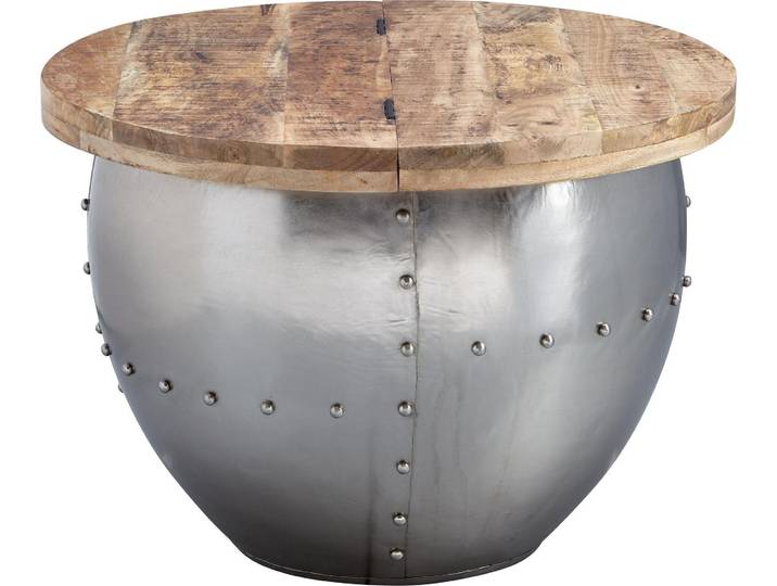Wohnling Couchtisch Mango Massivholz Metall Rund 60x43x60cm Industrial Stil Silber Stauraum Silbern