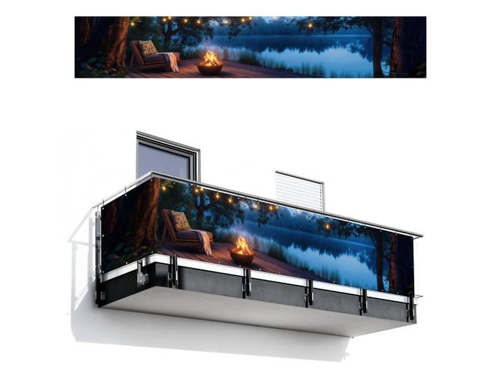 MuchoWow Balkon-Sichtschutz Lagerfeuer - See - Abendlicht, Dunkelblau, Kunststoff, Rechteckig, 500x85 cm, Sonnenschutz, Sichtschutz