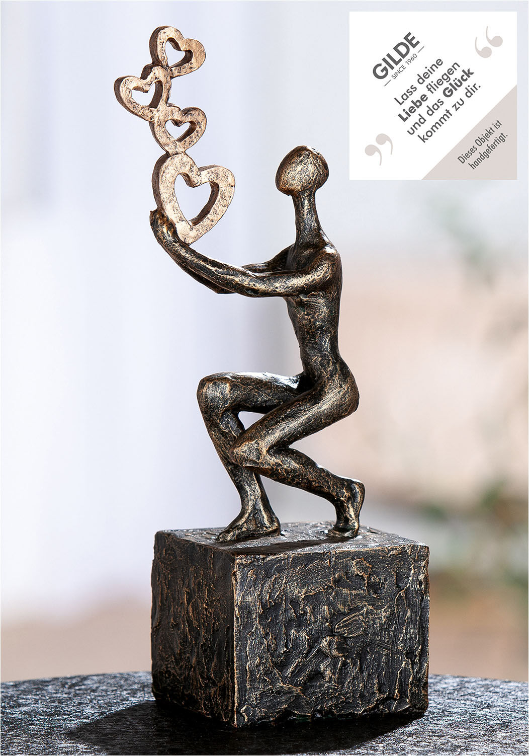 Skulptur GILDE "Skulptur Person Flying Hearts", braun (bronzefarben), B:10cm H:24cm T:7cm, Kunstharz, Dekofiguren, Skulptur