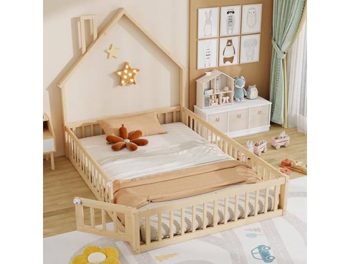 Ball & Cast Bodenbett (140x190 cm), Jugendbett und Hausbett mit Schornsteinform, Kinderbett 90x200 mit rausfallschutz, ohne Matratze