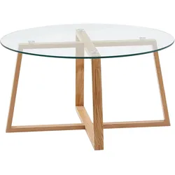 COUCHTISCH Rund in Eiche Massivholz mit Glasplatte, Modernes Design, 78x78x41 cm