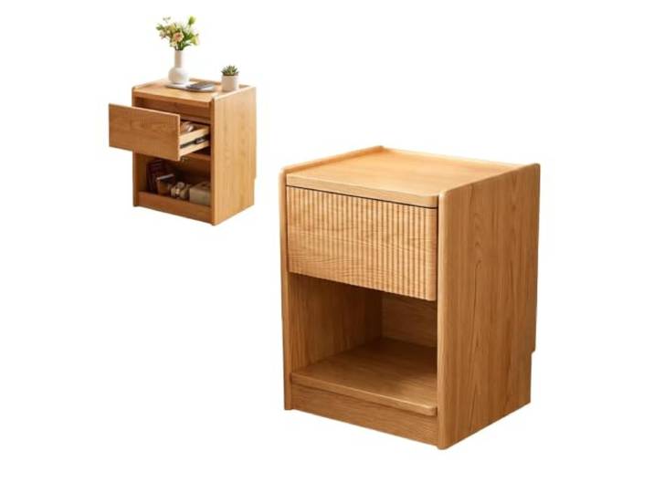 Nachttisch mit Rillenmuster, versteckter Schublade und offenem Fach, großer Nachttisch im Mid-Century-Modern-Stil, Beistelltisch aus Holz fürs Schlafzimmer(Wood)