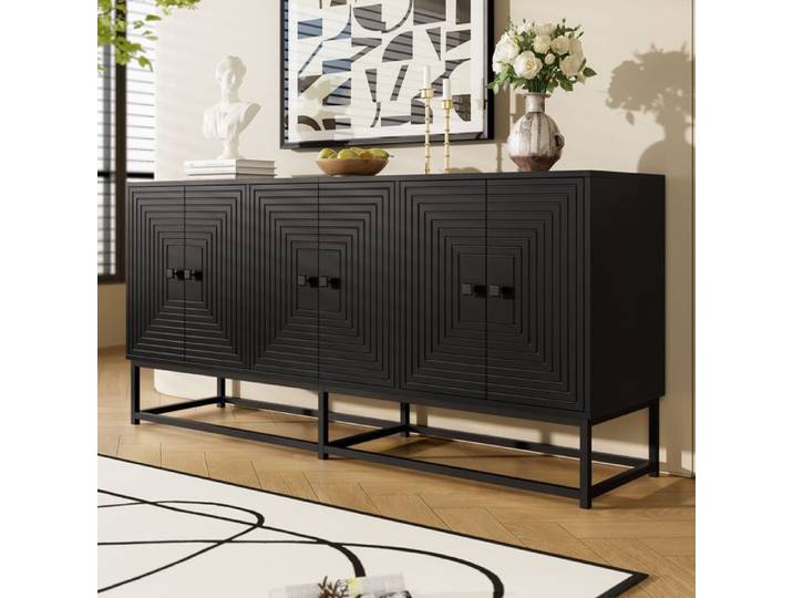 Buffet moderne - MODERNLUXE - 160x38x75 5 cm - 6 portes - Grand espace de rangement - Finition mate - Noir et doré