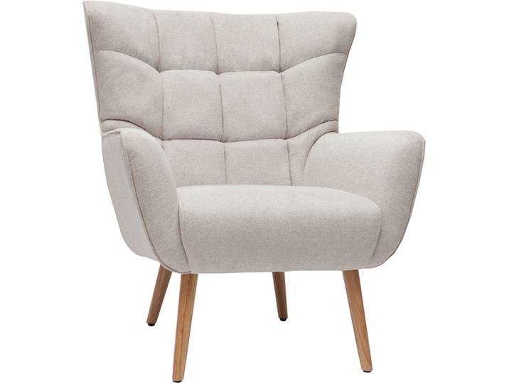 Fauteuil scandinave en tissu effet velours texturé beige et bois clair AVERY