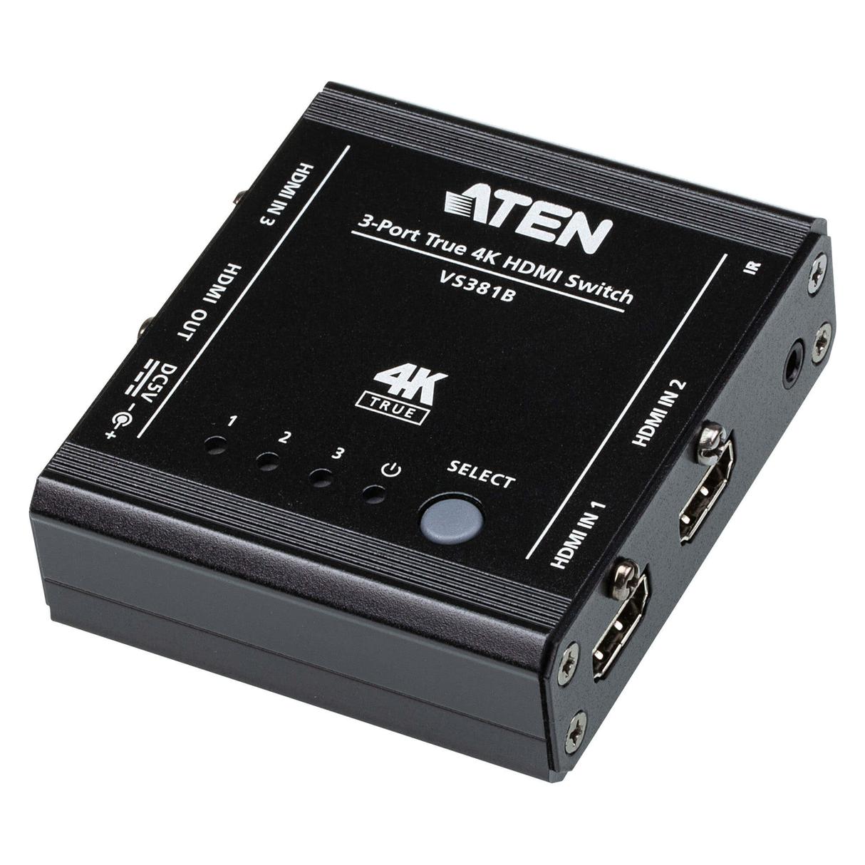 Aten 3-port True 4K HDMI switch, HDMI, metal, black, 60 Hz, 5 m, 3840 x 2160, 4096 x 2160 (VS381B)