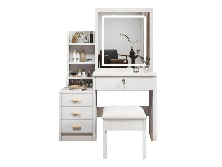 Coiffeuse élégante avec miroir et éclairage y compris tabouret souple miroir de maquillage avec éclairage ensemble coiffeuse blanc