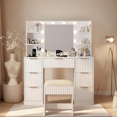 No Particle Board Laminated with Textured Melamine, 7-Drawer 4-Tier Shelf, with 10 Three-Color Dimmable Bulbs, Dressing Table Set