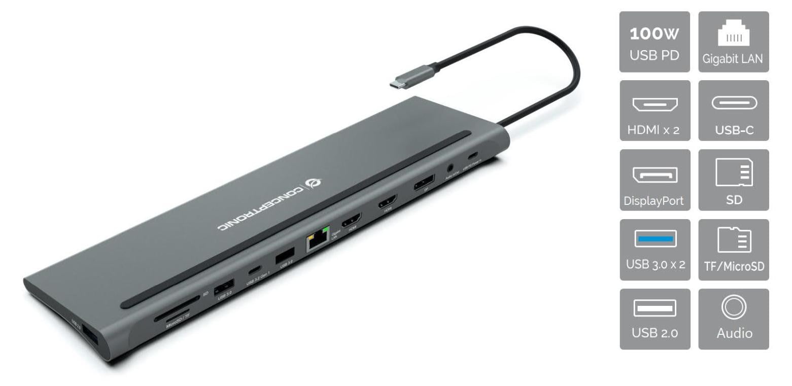 Conceptronic DONN17G 12-in-1 USB-C Dockingstation met 2x HDMI en USB 2.0/3.0, Grijs