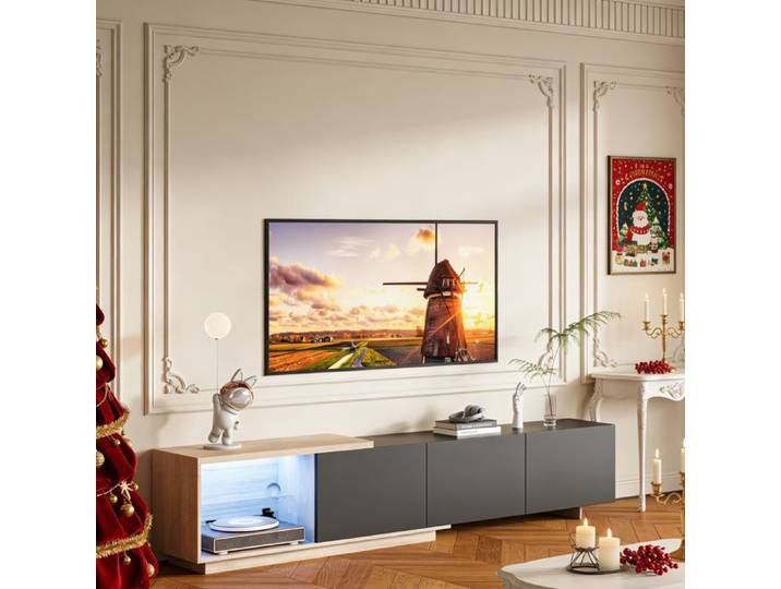 Meuble TV - Meuble TV 180 cm - Noir et bois - LED détecteur de mouvement - 3 tiroirs