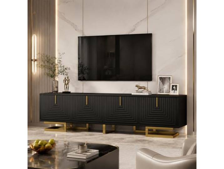 OLIVIBED TV-Schrank mit Strukturierter Tür, Lowboard mit Goldene Beine und Griffe, Fernsehtisch für Fernseher bis zu 65 Zoll, Fernsehschrank für Wohnzimmer, Schlafzimmer, 160x38x44.5cm, Schwarz