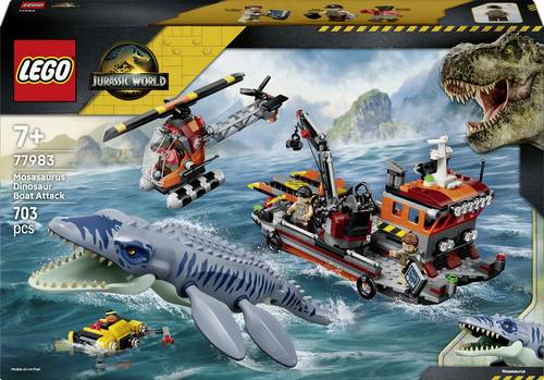 77983 LEGO JURASSIC WORLD Mosasaurier-Angriff auf das Boot Bauspielzeug Spielset für Rollenspiele mit 3 Minifiguren und einer