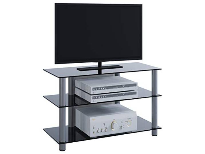 VCM Sindas TV-meubel, sideboard, televisiekast, rek, televisieplank, aluminium, glas, tafel, zwart glas