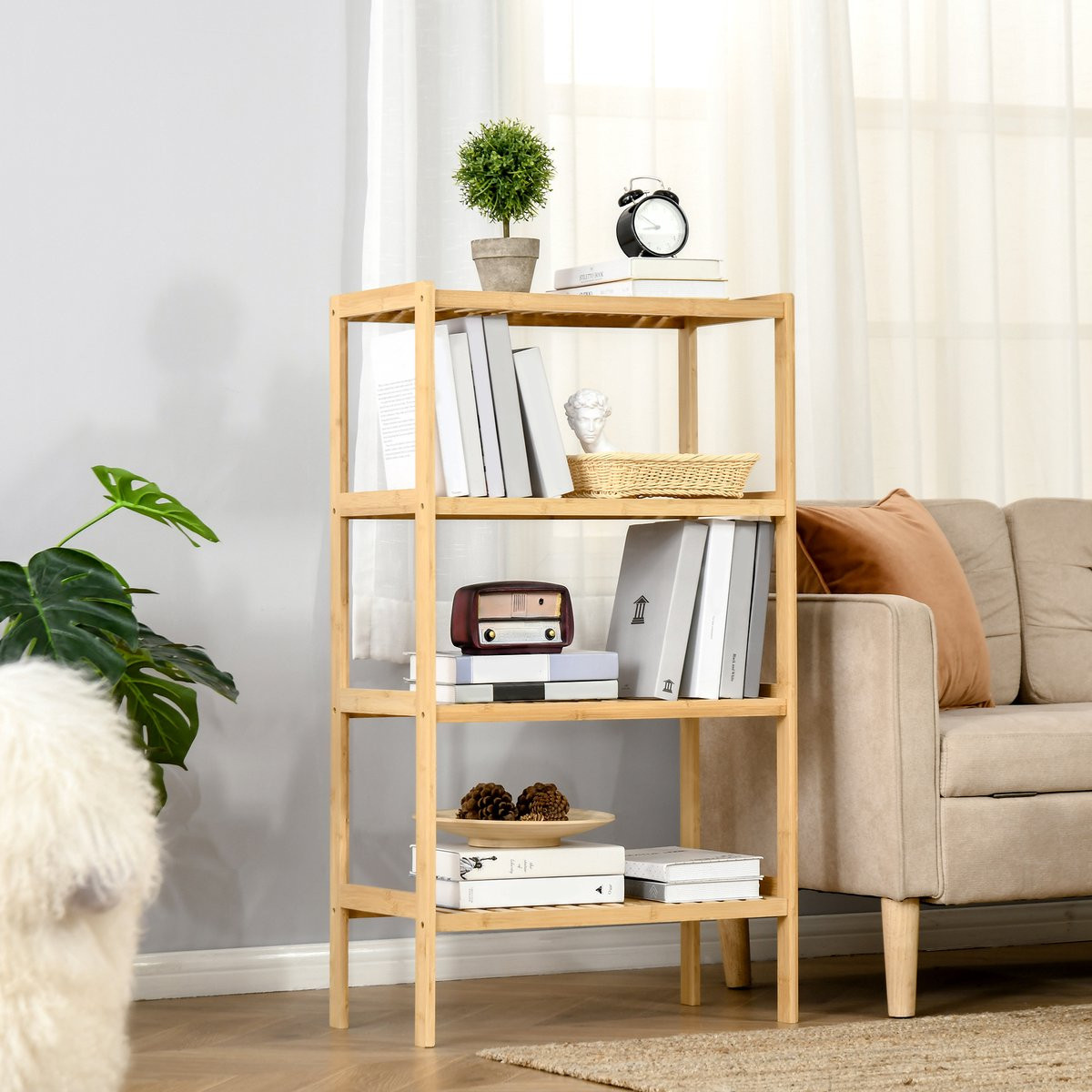 OKWISH Boekenkast Bamboe met 4 Planken, Naturel Hout, B: 62 cm, D: 33 cm, H: 112 cm