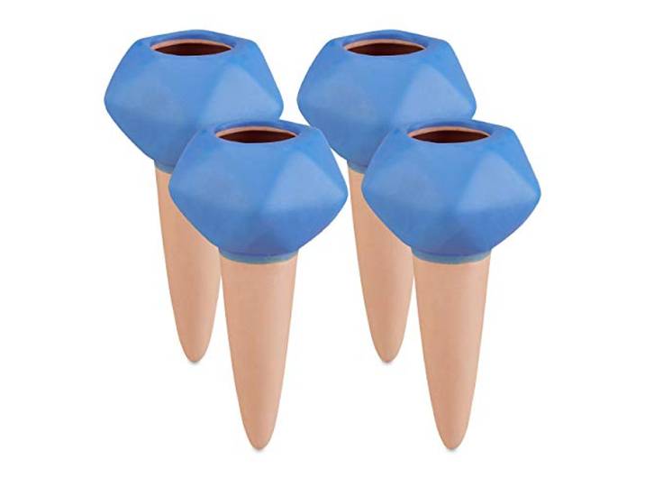 Relaxdays Cône d’arrosage Argile\, Lot de 4\, Goutte à Goutte\, Ø 6cm\, céramique\, Irrigation des Plantes\, Terre Cuite/Bleu