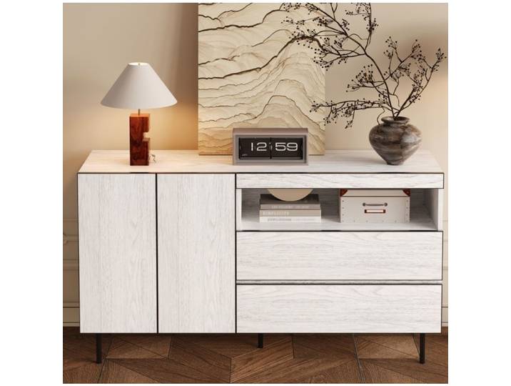 Buffet 140x42x77 cm EVRYAE - grand rangement portes sans poignées tiroirs et étagères ouvertes fermeture douce - Blanc