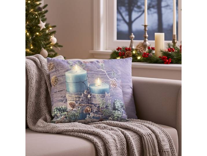 Deko-Kissen mit Kerzen-Motiv, 2 LEDs, batteriebetrieben, 45 x 45 cm