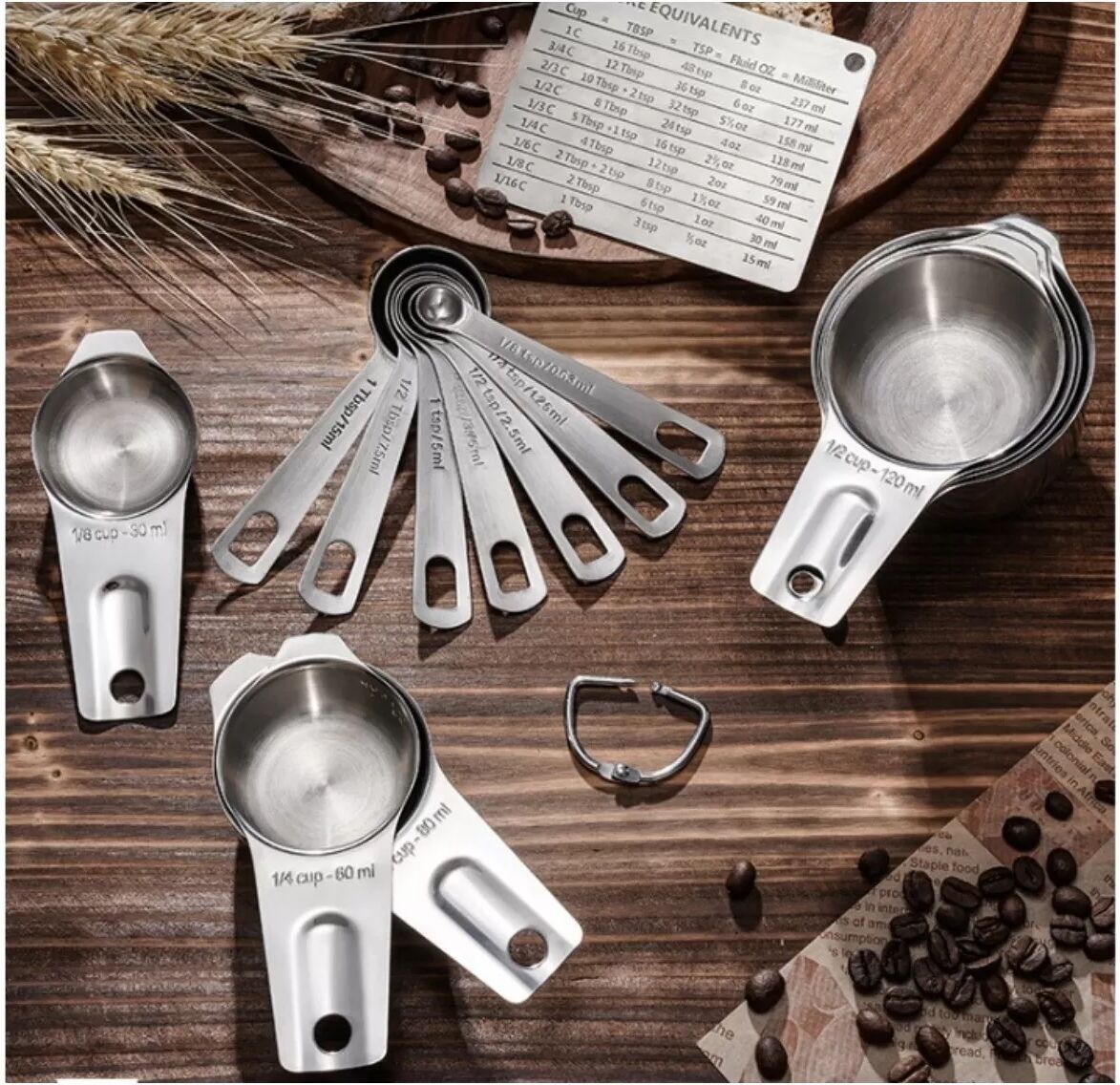 INF Ensemble de 14 Tasses et Cuillères à Mesurer en Acier Inoxydable avec Tableau de Conversion - Outils de Pâtisserie