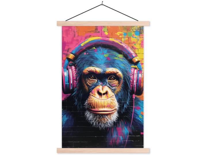 MuchoWow Poster MIT Magnetleisten - Graffiti - Schimpanse - Straßenkunst - Kopfhörer - Affe - 60x90 cm, Blau, Textil, Rechteckig, 60x90x0.15 cm, Bilder & Rahmen, Bilder, Wandbilder