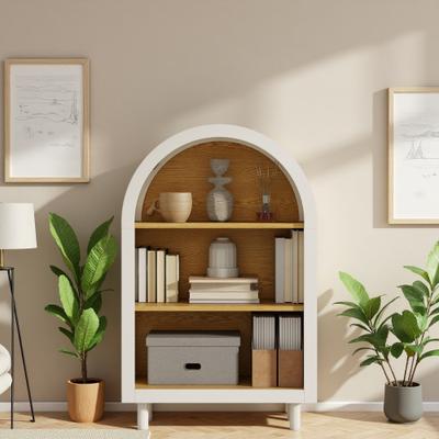 ZWYO HOSIMU Arched Small Bookcase with 3 Shelves & Glaze Finish Wooden Storage Cabinet for Living Room Bedroom Entryway