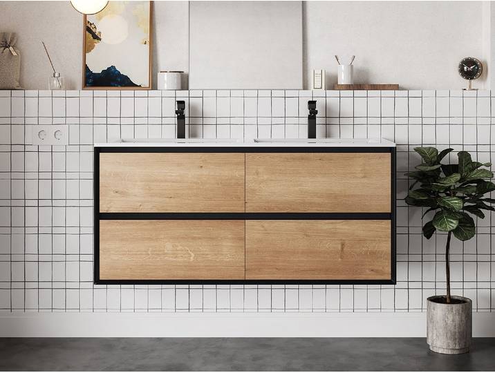 Hängendes Badezimmermöbel mit Einbau-Waschbecken - Helle Naturfarben & Schwarz - 120 cm - LANNICK