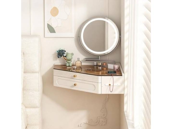 PGZMDTWI Schwebender Schminktisch für Ecke, Wandtisch aus Holz Pflegeleichte Oberfläche, Minimalistisches Cremeweiß für Zuhause, Büro und Wohnung(Without a mirror,80 cm31.50 in)