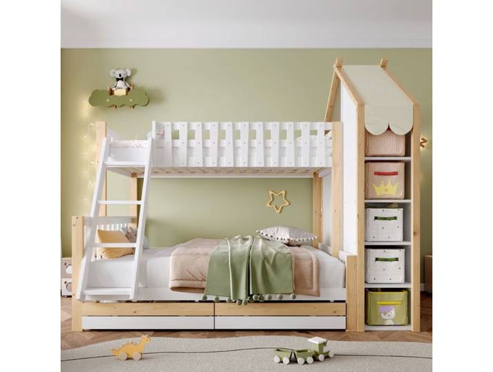 Lit superposé enfant - MAISENTIEL - Lit superposé cabane - 90x200 & 140x200 - Rangements intégrés - Blanc et naturel