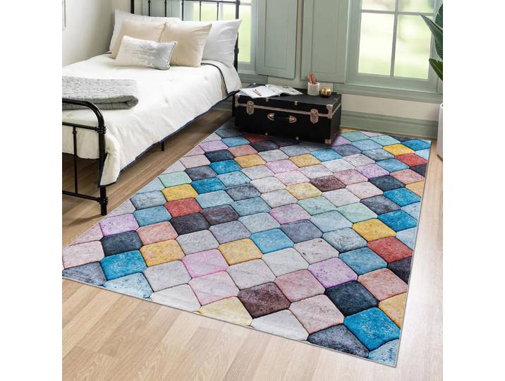 Tapis de Sol Mazovia - modèle TOSCANA Géométrique - Qualité Oeko-Tex - Multicolore cube - 140x200 cm