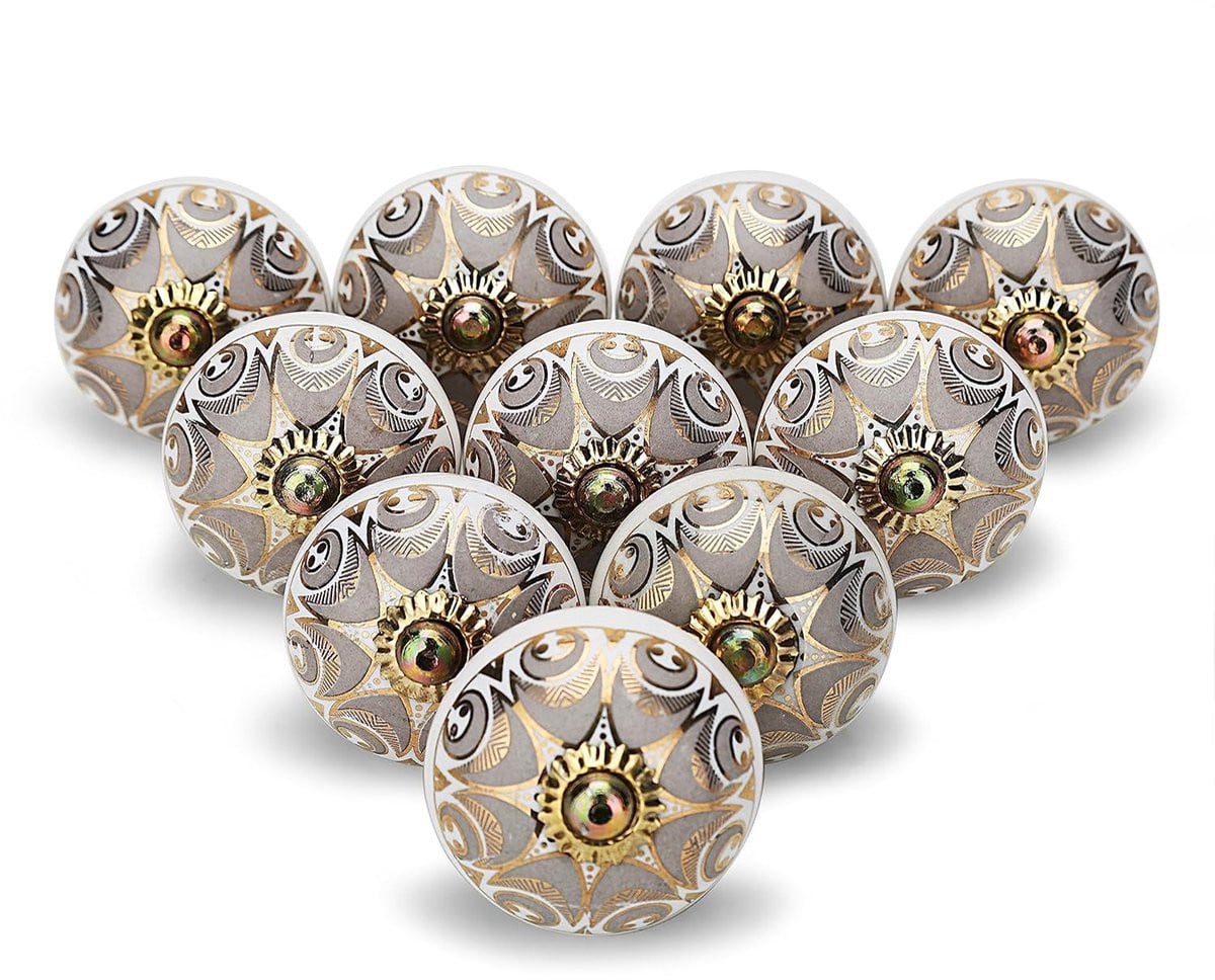 TRANKIELO® Boho grijze keramische kastknoppen - Set van 6 - Vintage stijl